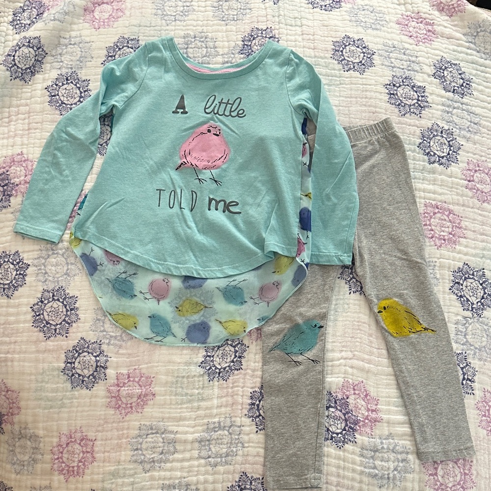 Light Blue Aqua Bird Print Top & Gray Leggings Size 5 Y